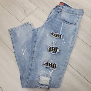 Bleecker & Mercer Women's High Waist Distressed Studded Denim Jeans Size 29 Blue